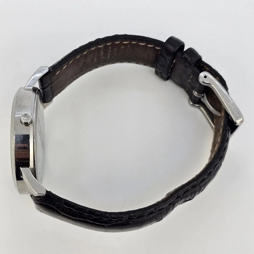 DKNY Women's Watch‎ 36MM Gray Dial Black Leather Band Straps New Battery